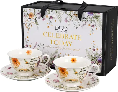 Image de DUO | Tasse à thé - Tasse à café et soucoupe - 270 ml - Lot de 2 - Coloré - Mug - Fleuri - Boîte cadeau