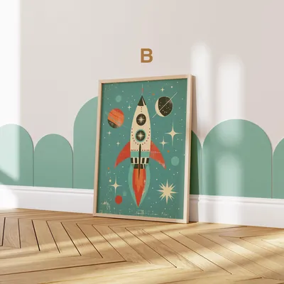 Produktbild von Astronaut Poster Kinderzimmer · Geschenkidee für Kinder · Kinderzimmer Deko · Weltraum Rakete & Planeten · Deko Print ohne Rahmen · Motiv B · 40 × 60 cm