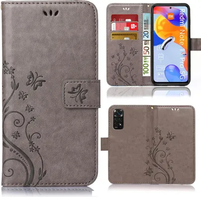 Produktbild von Handy Tasche für Xiaomi Redmi Note 11 Pro / 11 Pro 5G  Schutz Hülle Handyhülle mit Blumenmuster Klapp Hülle mit Standfunktion und Kartenfächer Grau