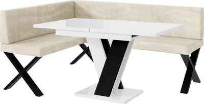 Produktbild von MEBLINI Eckbank für Esszimmer mit ausziehbarem Tisch  - Küchenbank - Essecke - Sitzecke Küche - TONI - X-Beine 128x168x87cm Links - Creme Samt/M Weiß-Schwarz Hochgl.