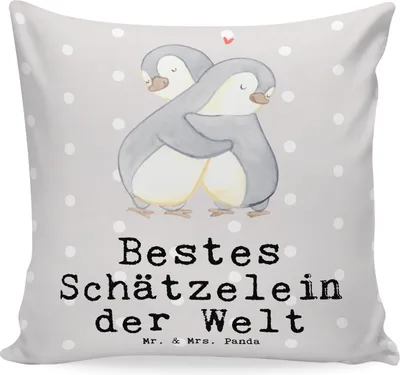 Produktbild von Mr. & Mrs. Panda Sofakissen Pinguin Bestes Schätzelein der Welt - Grau Pastell - Geschenk, Ehemann, Kissen 40x40, Frau, Hochzeitstag, zier, Geschenkidee, kuschelkissen
