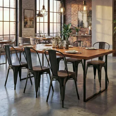 Obrázok produktu pre sada 6 stoličiek HWC-A73 vrátane dreveného sedadla, stohovateľná bistro stolička, kovový priemyselný dizajn ~ čierna
