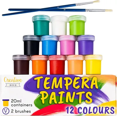 Produktbild von Creative Deco Tempera Farben Plakat-Farbe Set| 20 ml x 12 Töpfe | Abwaschbare Fingerfarben für Kinder | Hochpigmentierte und Intensive | Sicher und Ungiftig | Extra Deckkraft und Mattes Finish