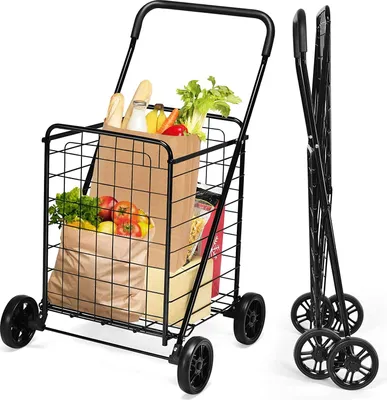 Produktbild von COSTWAY Klappbarer Einkaufstrolley, Einkaufswagen auf Rollen, 45 kg belastbar, 83LKapazität, Tragbarer Handwagen, Rollwagen Allzweckwagen für Wäsche, Einkaufen, Gepäck (Schwarz)
