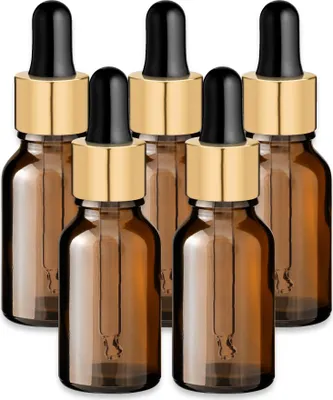 Produktbild von 5x Glasflasche Braun 15 ml mit goldener Aluminium Pipette [2]