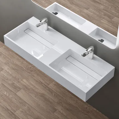Produktbild von doporro Design Doppelwaschtisch 120x48x13 cm Doppelwaschbecken mit verstecktem Ablauf in weiß aus Mineralguss als Aufsatzwaschbecken und Hängewaschbecken geeignet col12