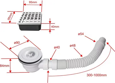 Diagram showing dimensions of a shower drain set.