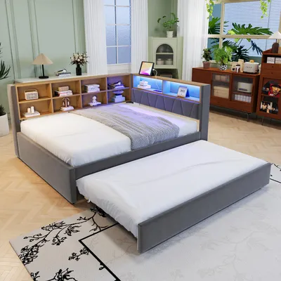 Produktbild von MODFU  Schlafsofa  140*200  Multifunktionsschlafsofa,Einzelbett,  ausgestattet mit LED Leuchten, Steckdosen und vielen Ablagefächern, ohne Matratze,Dunkelgrau