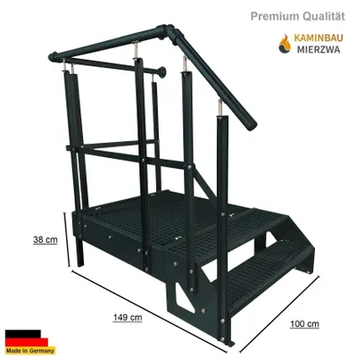 Produktbild von Podesttreppe Stahltreppe 2 Stufen Freistehend Höhe 38 cm inklusive Podest 100x100cm mit Geländer Anthrazit Ausrichtung Treppe Rechts Aussentreppe