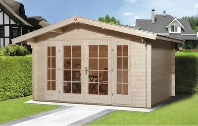 Produktbild von WEKA 137.3838.10.00 Premium Gartenhaus/Blockbohlenhaus Tegernsee 1 mit Vordach (60 cm)/Doppeltür/Doppelfenster ; Größe: 2 ; Farbgebung: Naturbelassen ; Wandstärke: 45 mm ; Maße (LxBxH): 440 cm x 380 cm x 262 cm ; Seitenwandhöhe: 210 cm