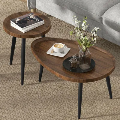 Produktbild von Couchtisch Set 2er Oval Holzoptik Nussbaum Metallbeine Wohnzimmertisch
