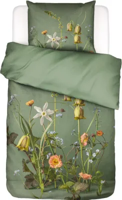 A duvet cover and pillowcase set with a floral print on a green background.