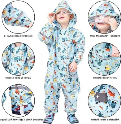 Wasserdicht und Atmungsaktiv Regenanzug für Kinder von 1-9 Jahren mit Kapuze und Reflektierenden Details, Leicht und Faltbar