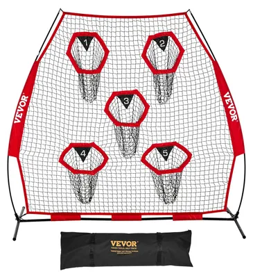 Productafbeelding van VEVOR voetbaltrainerwerpnetsysteem (2170 x 1255 x 2230 mm) met 5 doeltassen, draagbare opbergtas en boogframe, voor het trainen van de precisie van de passes van de quarterback, rood