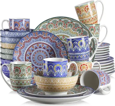Produktbild von Keramisches Geschirrset, Bohemian Mandala-Muster, erhältlich in Mischfarben und Blau, 32-teiliges Mischfarben
