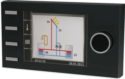 A black control panel with a digital display showing a system diagram.
