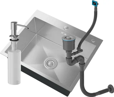 A stainless steel sink with a soap dispenser and a drain assembly.