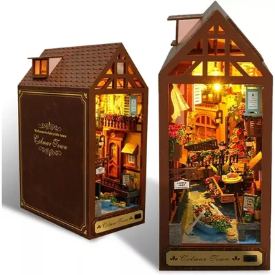 Image de Topchances DIY Book Nook Kit, Kit maison de poupées miniature DIY avec meubles et lumière LED, puzzle 3D serre-livres en bois, modèles en kit pour adultes enfants à construire,Style B