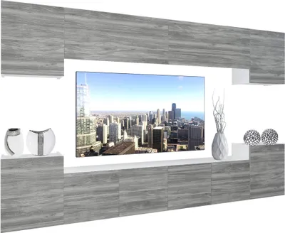 Produktbild von BELINI Wohnwand Vollausstattung Wohnzimmer-Set Moderne Schrankwand mit LED-Beleuchtung Weiß Glänzend Anbauwand TV-Schrank Glamour Holz Matt