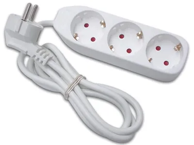 A white power strip with three sockets and a white cord, lying on a white surface.
