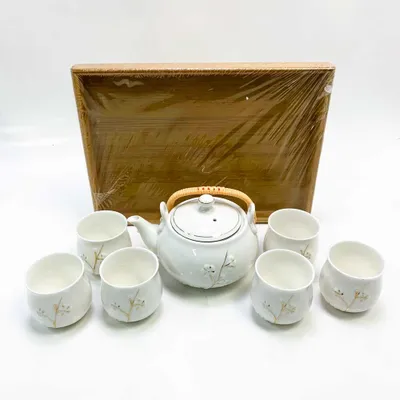 Immagine prodotto di Set da tè giapponese Dujust, set da tè in porcellana bianca con 1 teiera, 6 tazze da tè, 1 vassoio, 1 infusore per tè, dolce set da tè asiatico per gli amanti del tè (prugna in oro)
