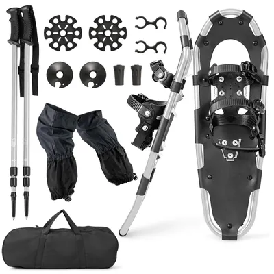 Immagine prodotto di COSTWAY Set di racchette da neve 4 in 1, numero di scarpe 38-45, racchette da neve con telaio in alluminio, bastoncini da trekking, borsa per il trasporto e ghette, argento