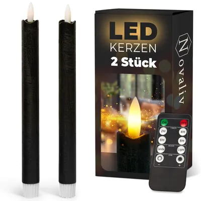 Produktbild von Stabkerzen LED mit Timer SCHWARZ 2er indoor mit Timer Funktion 6 Stunden ECHTWACHS 23cm Höhe für Kerzen 2,2cm Durchmesser 2 AAA Batterien notwendig LED Stabkerzen flackernde Flamme bewegliche Flamme