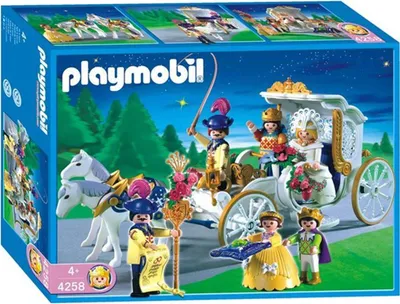 A Playmobil royal wedding carriage playset is shown on its packaging, with a starry night sky and trees in the background.