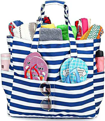 Immagine prodotto di Borsa da spiaggia XXL impermeabile con chiusura a scatto, grande telo da mare, borsa da viaggio leggera con astuccio estraibile, ideale per le vacanze al mare e i viaggi