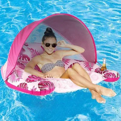 Produktbild von Opblaasbare Entspannungsfloat mit Sonnenkap für Erwachsene - XL Schwimmstuhl - Schwimmfloat mit Sitz und Trinkbecherhalter - Rosafarbene Schwimmhilfe