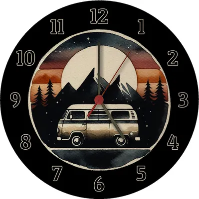 A clock with a watercolor-style illustration of a camper van in a mountainous landscape at sunset.