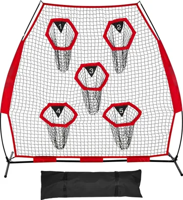 Image de Filet d'entraînement de football américain - Filet de lancer et de tir pour quarterback - 217 x 125,5 x 223 cm - 5 poches cibles - Cadre en arc - Avec sac de transport - Pour la précision des passes - Rouge