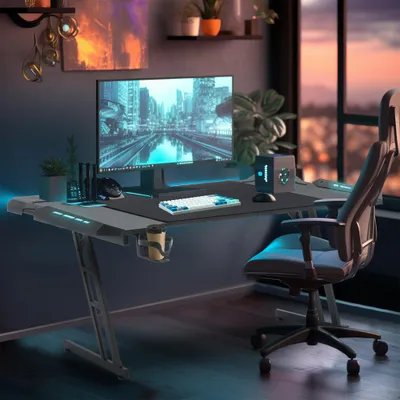 Produktbild von YZNAHRE Schreibtisch Gaming Tisch 160x60cm Höhenverstellbar Gamingtisch mit LED & Kabelloch & Kopfhörerständer & Tassenhalter, Kohlefaserplatte Ergonomischer PC Computertisch