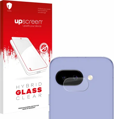 A product box for a screen protector is shown next to a smartphone with a camera lens protector applied.