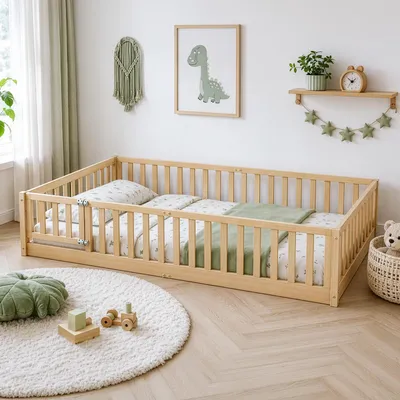 Immagine prodotto di Letto per bambini FCH con protezioni laterali e rete a listelli, 120x200 cm, letto a terra Montessori con accesso laterale, letto singolo per camerette, realizzato con materiali naturali