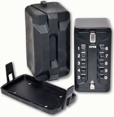 A black key safe and its mounting plate are displayed against a white background.