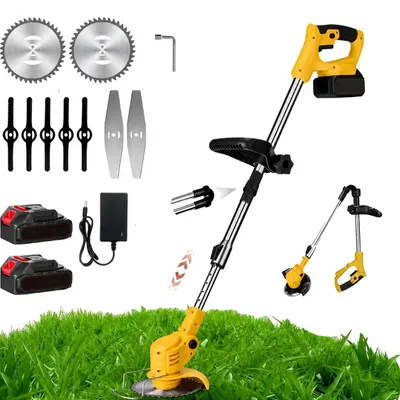Produktbild von Akku-Rasentrimmer 21V mit 2 Akku und Ladegerät, 4-in-1 Licht Unkrautfresser, 3 Arten Klinge, Teleskop-Stiel & Zusatzhandgriff für Rasen,Garten(Gelb)
