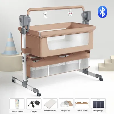 Obrázok produktu pre Postieľka pre bábätko - X601, prístelka - elektrická, 3 v 1 - 5 stupňov rýchlosti - s možnosťou nastavenia výšky - s kolieskami - prenosná - hnedá