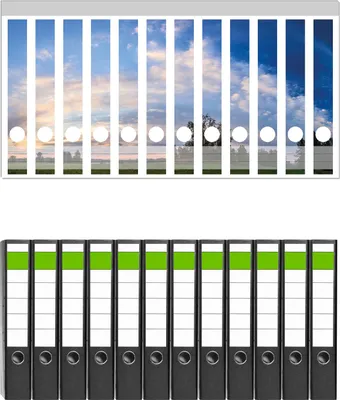 Produktbild von Wallario 12 Stück schmale Ordner inkl. Klebeetiketten mit Motive Morgenhimmel über Wäldern und Wiesen -  Set mit Rückenschildern / Ordnerrücken Stickern