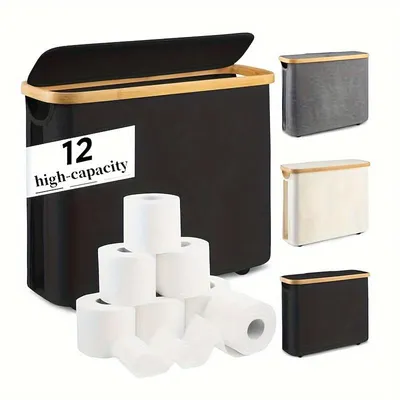 Image de noir Corbeille de rangement du papier toilette , Étagère WC pour le rangement debout dans la salle de bain ou les toilettes des invités,Corbeille avec couvercle en bambou,boîte de rangement