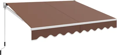A brown retractable awning with a scalloped edge and a silver crank mechanism is shown against a white background.