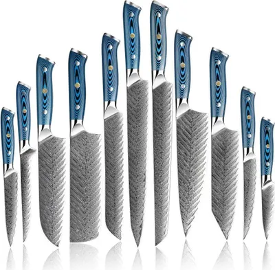Produktbild von Premium Tukami Damast Küchenmesser Set - 11 Teile mit blauem Pakkaholzgriff KP37511