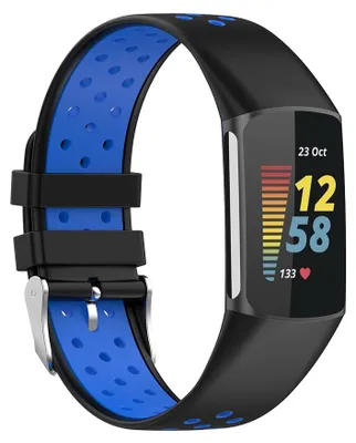 Produktbild von By Qubix passend für Fitbit Charge 5 & 6 Sportarmband mit Dorn - Schwarz / Blau - zweifarbig - Größe: L