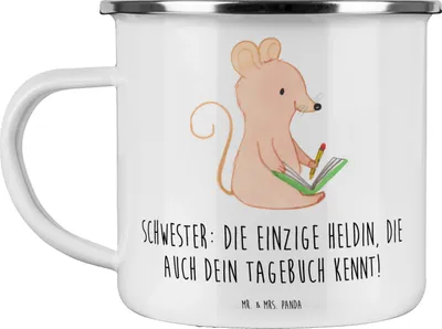 Produktbild von Mr. & Mrs. Panda Emaille Tasse Schwester Heldin - Weiß - Geschenk, Jubiläen, Familie, beste Freundin, Haferl, Geschwisterliebe, Familiengeschenk, Weihnachten, Geschwister