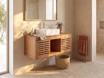Produktbild von Waschbeckenunterschrank hängend mit Einzelwaschbecken - Akazienholz - 90 cm - PENEBEL