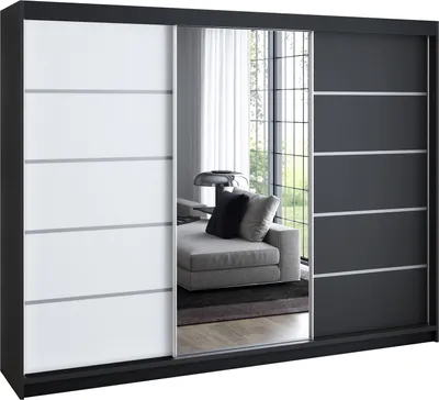 Produktbild von Schwebetürenschrank 200 cm, 3-türig, mit Spiegel & 4 Schubladen, Retro-Stil, modern, in Weiß/Schwarz/Sonoma – Kleiderschrank Velturo 1