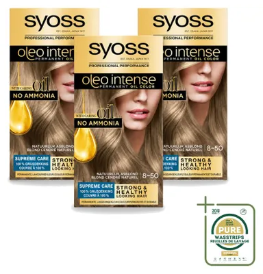 Obrázok produktu pre 3 ks trvalej farby na vlasy Syoss Oleo Intense 8-50 – prírodná svetlo popolavá – balenie