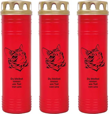 Produktbild von Grabkerze Rot 3er Pack, Brenndauer: 170 Stunden ( je Kerze ), Motiv: Katze 1