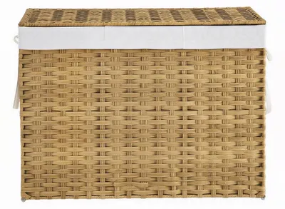 Image de Panier à linge avec 3 compartiments, pliable, en rotin, avec couvercle et poignées | Naturel | 40x86x61 cm