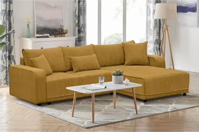 Produktbild von 290 cm Ecksofa PRIMO L-Form Polstersofa mit Schlaffunktion Cordstoff Corner Schlafsofa Eckcouch für Wohnzimmer, Stoff: poso 01 - senfgelb